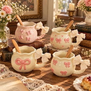 Handmade Ceramic Coffee Mug, Raised Glaze Butterfly Tea Cup with Wooden Spoon & Bow, Cute Cottagecore Pottery Gift Set for Her
