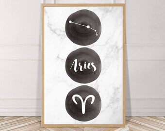 Aries, Zodiak, Sign, Horoscope, Watercolor, Printable, Digital File, Instant Download, Black, White, Minimalist, Wall Art, Home, Decor, Mod