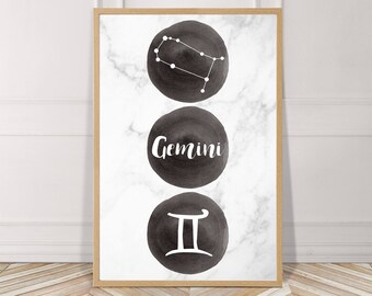 Gemini, Zodiak, Sign, Horoscope, Watercolor, Printable, Digital File, Instant Download, Black, White, Minimalist, Wall Art, Home, Decor