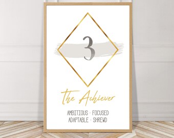 Enneagram, Type 3, The Achiever, Watercolor, Printable, Digital File, Instant Download, Gold, Blush, Minimalist, Wall Art, Home, Decor, Mod