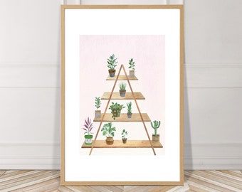 On The Shelf Series, House Plants, Digital Print, Wall Art, Instant Download, Home Decor, Botany, Potted, Triangle Shelves, Watercolor