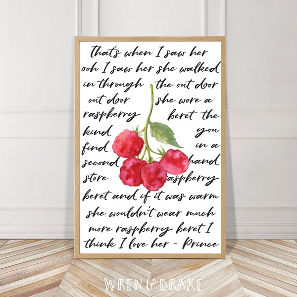 Fruit & Lyrics, Raspberries, Raspberry Beret, Prince, Lyrics, Watercolor, Instant Download, Digital, Wall Art, Print, Kitchen, Home Decor