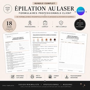 May include: A digital bundle of 18 professional laser hair removal client forms, including medical history, Fitzpatrick skin type evaluation, and treatment tracking sheets. The documents feature black text on white backgrounds with a clean layout.