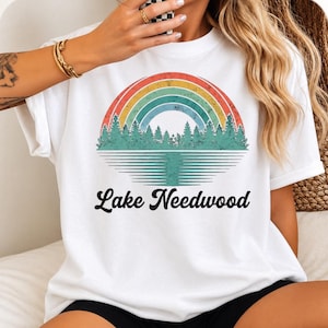 Lake Needwood Retro Rainbow Forest T-Shirt, Vintage Nature Landscape Graphic Tee, Maryland State Park Travel Souvenir Apparel
