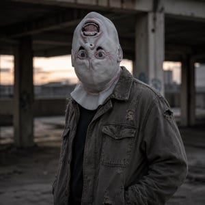 Op de afbeelding: Een bleek, rubberachtig masker dat het hele hoofd bedekt met een dubbel gezicht, bestaande uit een realistisch menselijk gezicht aan de onderkant en een omgekeerde, schreeuwende mond op het voorhoofd, gedragen met een versleten olijfgroen jasje.