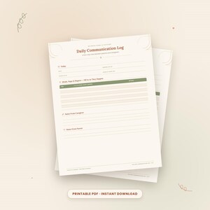 Puede incluir: Un documento PDF imprimible Daily Communication Log con fondo color crema y texto marrón oscuro. El formulario incluye secciones para la fecha, notas del cuidador, notas de los padres y una tabla para registrar comidas y siestas.