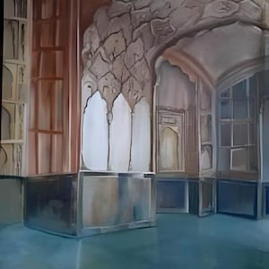 May include: An oil painting depicting an interior architectural space with a textured, stone-like archway in shades of brown and beige. The scene features vertical window panels, a smooth blue floor, and intricate wall details in a muted palette.