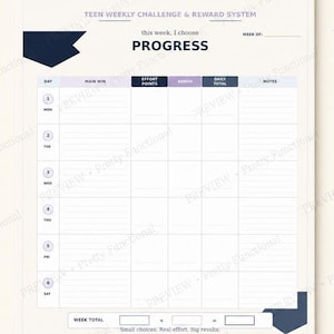 A4 weekly progress printable for teens with sections for daily wins, effort points, bonuses, totals, notes and a weekly point total.