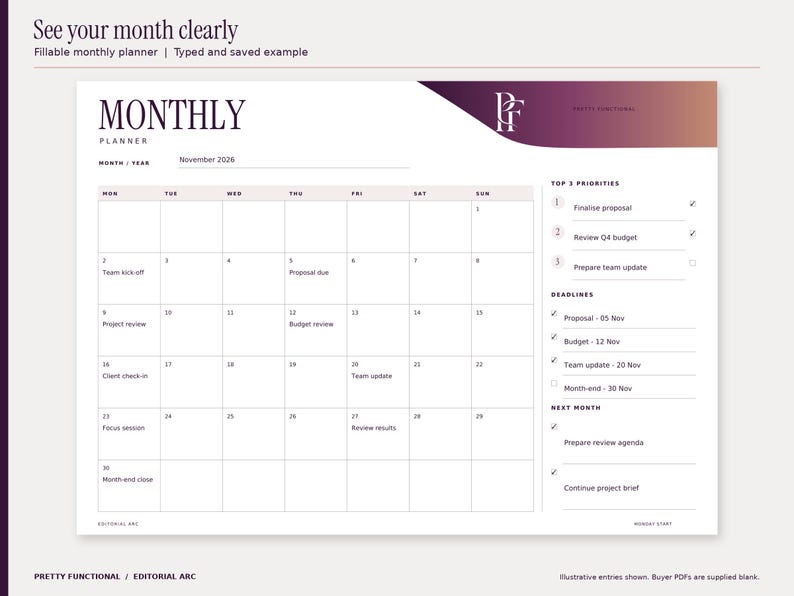 Editorial Arc monthly fillable planner filled with an illustrative November 2026 office planning example. The six-row calendar includes real November dates, selected work events, priorities and deadlines. Design uses plum and copper gradients and the PF monogram.