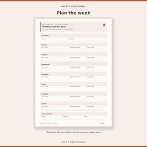 Weekly content planner showing seven days of post topics, platforms, formats, times and statuses.