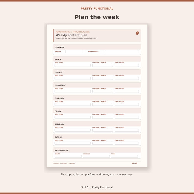 Weekly content planner showing seven days of post topics, platforms, formats, times and statuses.