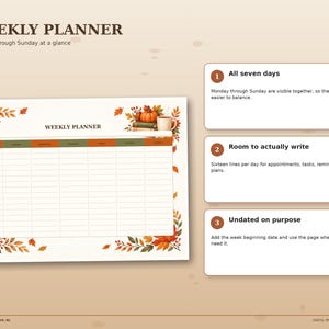 Autumn weekly planner printable with Monday through Sunday columns and generous writing space for appointments, tasks, reminders and weekly plans.