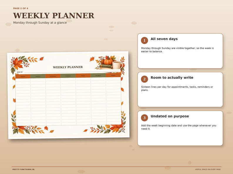 Autumn weekly planner printable with Monday through Sunday columns and generous writing space for appointments, tasks, reminders and weekly plans.
