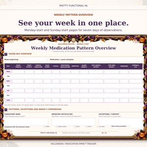 Large landscape weekly medication pattern overview in the Halloween design, with seven daily rows and weekly observations. Monday-start and Sunday-start pages are included.