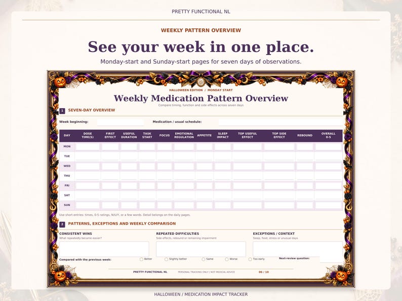 Large landscape weekly medication pattern overview in the Halloween design, with seven daily rows and weekly observations. Monday-start and Sunday-start pages are included.