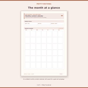 Undated six-week monthly content calendar page with month, main goal and campaign focus fields.