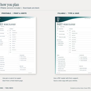 Tidal Index daily planner comparison: a blue pen-style printed example beside the saved typed fillable-PDF example. Both formats and both paper sizes are included; customer files are blank. Design uses teal and petrol gradients and the PF monogram.