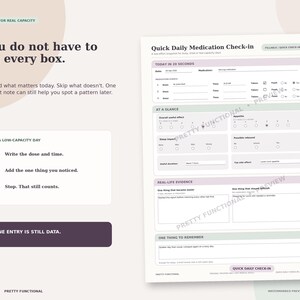 Watermarked Quick Daily Medication Check-in beside a reminder that buyers can record only what matters and leave unused sections blank on low-capacity days.