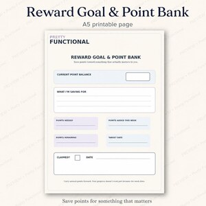 A5 reward goal and point bank printable with spaces for current balance, reward goal, points needed, weekly additions, points remaining and target date.