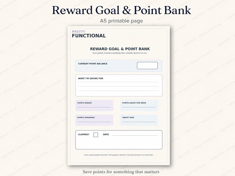 A5 reward goal and point bank printable with spaces for current balance, reward goal, points needed, weekly additions, points remaining and target date.