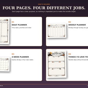 Overview of the Halloween planner's four included pages: daily planner, weekly planner, four-week planner and Things I'd Love to Do page.