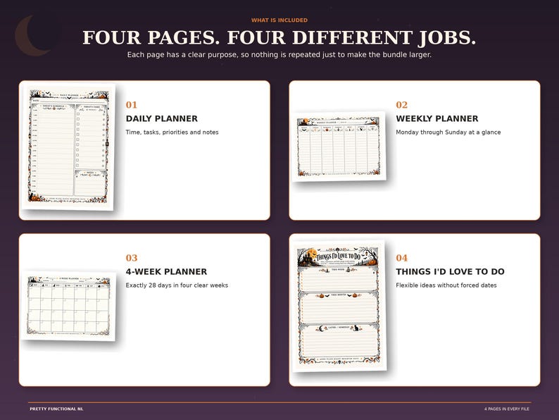 Overview of the Halloween planner's four included pages: daily planner, weekly planner, four-week planner and Things I'd Love to Do page.