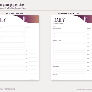 Editorial Arc blank daily planner shown in true A4 and US Letter proportions. A4 is 210 by 297 millimetres and US Letter is 8.5 by 11 inches. Weekly and monthly pages are landscape, with Monday starts in A4 and Sunday starts in US Letter. Design uses plum and copper gradients and the PF monogram.