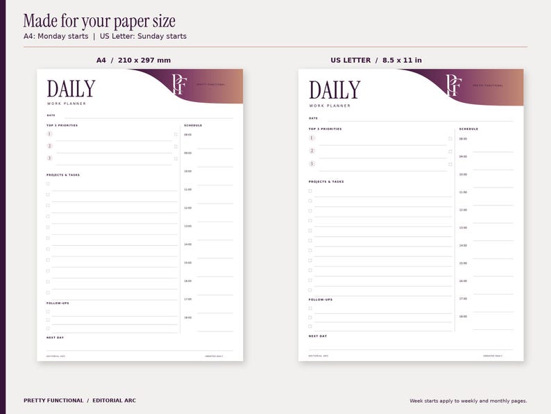 Editorial Arc blank daily planner shown in true A4 and US Letter proportions. A4 is 210 by 297 millimetres and US Letter is 8.5 by 11 inches. Weekly and monthly pages are landscape, with Monday starts in A4 and Sunday starts in US Letter. Design uses plum and copper gradients and the PF monogram.