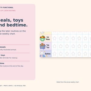 Close-up of the Eat Meals, Tidy Toys and Bedtime rows and their weekday stars on the actual toddler routine chart.