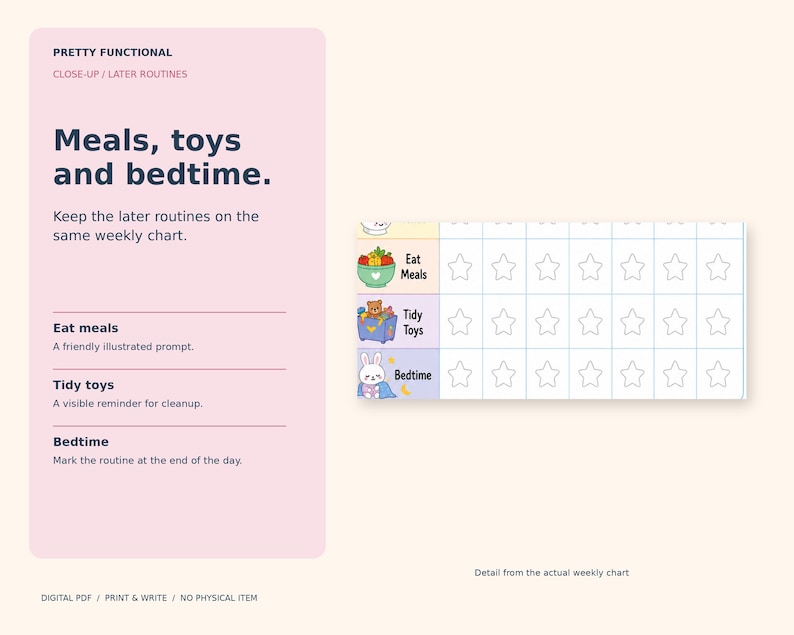 Close-up of the Eat Meals, Tidy Toys and Bedtime rows and their weekday stars on the actual toddler routine chart.