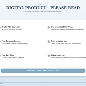 Snowy Cottage digital product information graphic stating that no physical item ships; the download has four functional pages in A4 and US Letter printable and fillable PDF files.