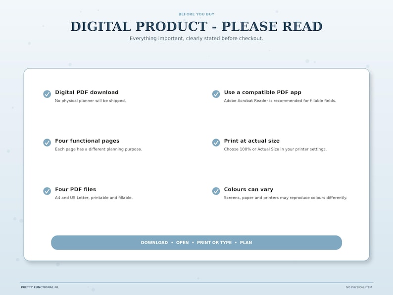 Snowy Cottage digital product information graphic stating that no physical item ships; the download has four functional pages in A4 and US Letter printable and fillable PDF files.