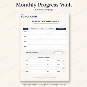 A4 monthly progress tracker showing four weekly totals, bonuses, points spent, ending balance and a reward exchange section.