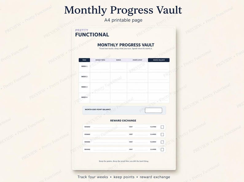 A4 monthly progress tracker showing four weekly totals, bonuses, points spent, ending balance and a reward exchange section.