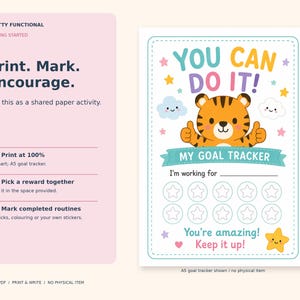 Print-and-write instructions beside the actual ten-star toddler goal tracker: print matching paper, choose a reward and mark progress by hand.