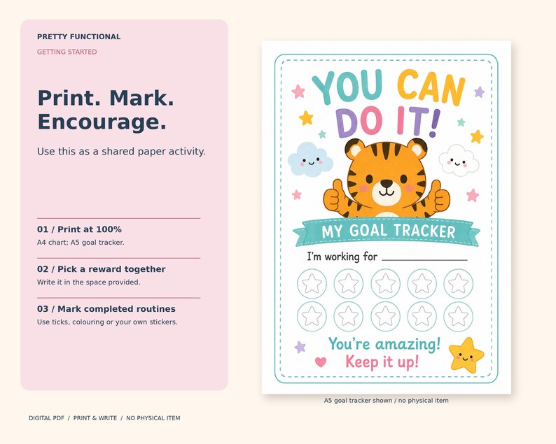 Print-and-write instructions beside the actual ten-star toddler goal tracker: print matching paper, choose a reward and mark progress by hand.