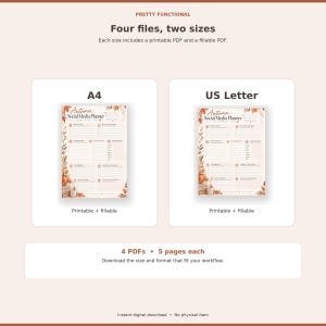 K&ouml;nnte beinhalten: Ein digitales Autumn Social Media Planner Vorlagenset mit vier Dateien in A4 und US Letter Formaten. Jede Planerseite enth&auml;lt Abschnitte f&uuml;r Inhaltsziele, Post-Ideen und Checklisten, verziert mit Illustrationen von K&uuml;rbissen und Bl&auml;ttern.