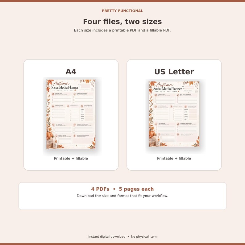 K&ouml;nnte beinhalten: Ein digitales Autumn Social Media Planner Vorlagenset mit vier Dateien in A4 und US Letter Formaten. Jede Planerseite enth&auml;lt Abschnitte f&uuml;r Inhaltsziele, Post-Ideen und Checklisten, verziert mit Illustrationen von K&uuml;rbissen und Bl&auml;ttern.