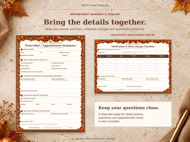 Autumn prescriber appointment summary beside the medication and dose-change timeline. A separate observation and appointment notes page is also included.