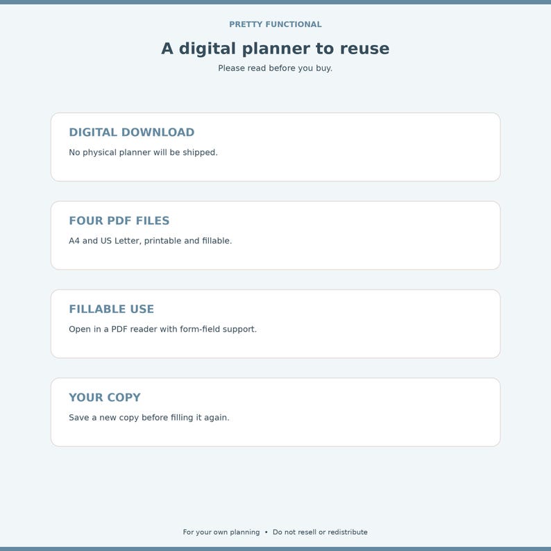 Digital download information noting four PDFs, form-field support and no physical item shipped.