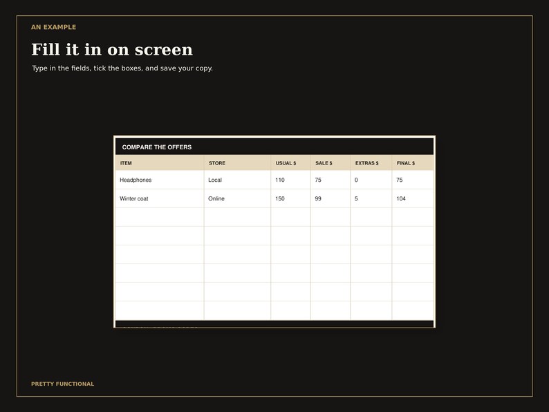 Example typed into page two of the fillable Black Friday Shopping Planner with a checked box.