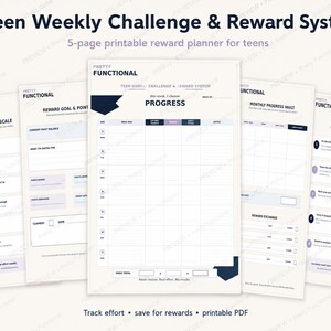 Teen weekly challenge and reward system printable showing five planner pages, including weekly progress, effort scale, point bank, monthly progress vault and instructions.