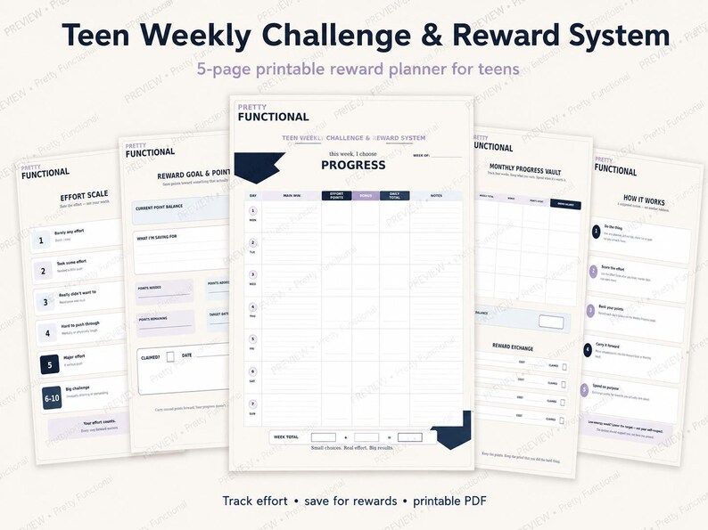 Teen weekly challenge and reward system printable showing five planner pages, including weekly progress, effort scale, point bank, monthly progress vault and instructions.