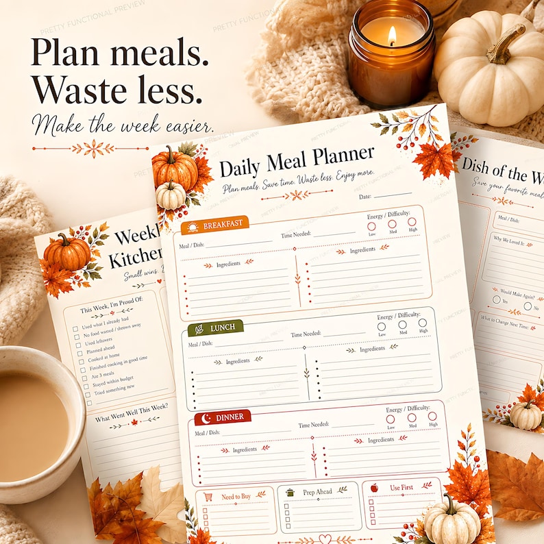 A top-down view of the fall daily meal planner template surrounded by a mug of coffee, a knit blanket, pumpkins, and autumn leaves.