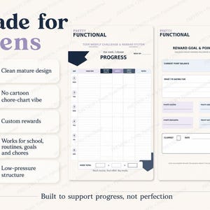 Teen-friendly printable reward system with a clean mature design, custom rewards, low-pressure structure and flexible use for school, routines, goals and chores.