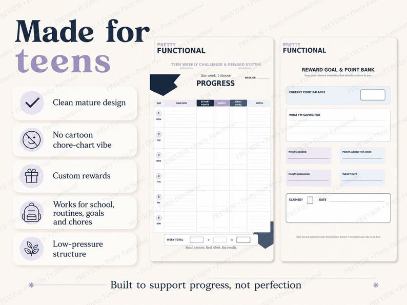 Teen-friendly printable reward system with a clean mature design, custom rewards, low-pressure structure and flexible use for school, routines, goals and chores.