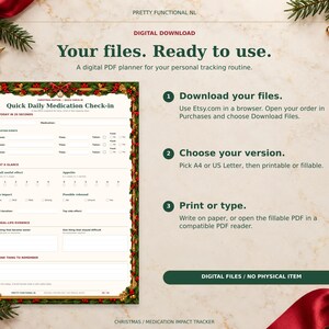 Christmas digital medication planner with a browser download guide, paper-size and file-version choices, and print or fill instructions. Digital files only; no physical item.