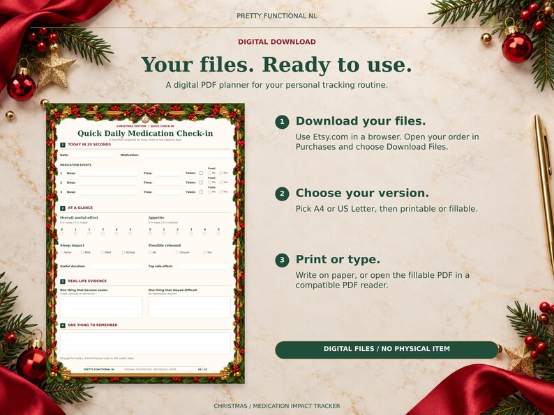 Christmas digital medication planner with a browser download guide, paper-size and file-version choices, and print or fill instructions. Digital files only; no physical item.