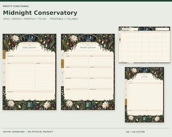 Botanical Planner PDF, Daily Weekly Monthly & To Do, Printable and Fillable | Midnight Conservatory