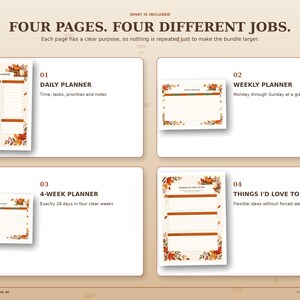 Four-page autumn planner set showing daily planner, weekly planner, 4-week planner and flexible things I’d love to do page in matching fall designs.